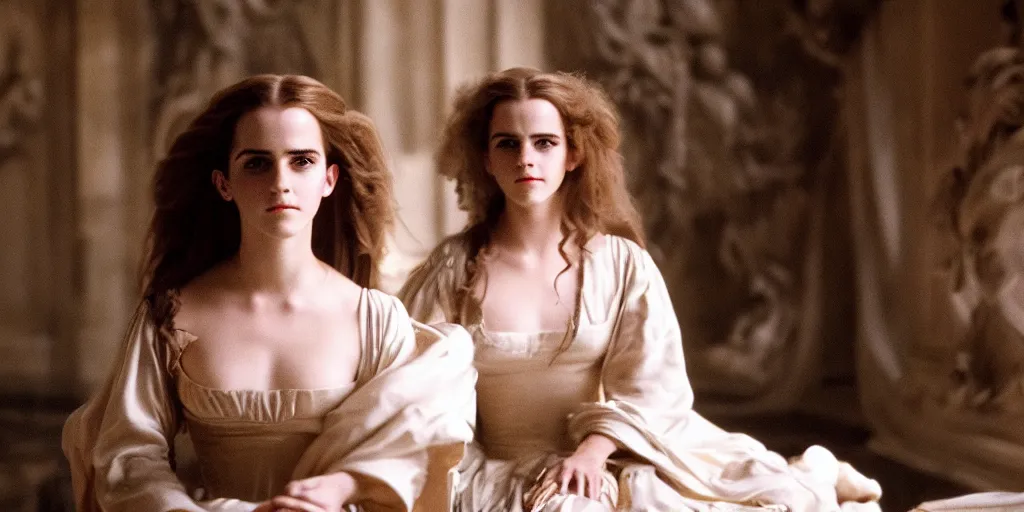 Image similar to Emma Watson long hair flowing robes baroque room cinematic lighting stanley kubrick barry lyndon Canon eos M50 50mm