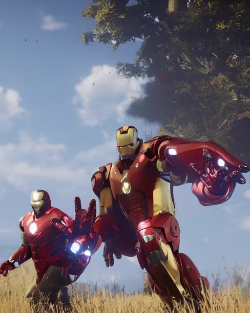 Image similar to iron man styled mech suit in red dead redemption 2, cinematic, photorealistic