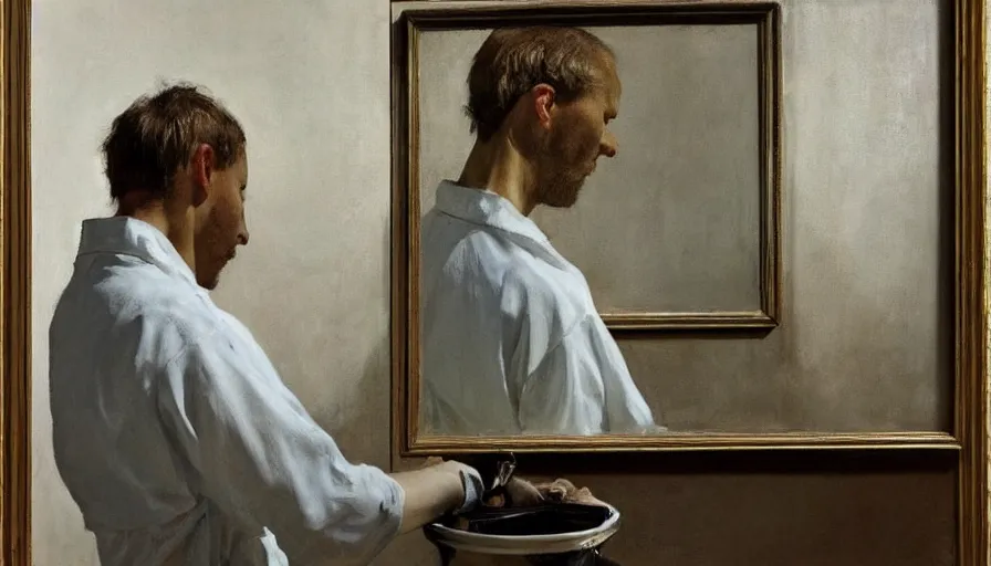 Prompt: painting by borremans, man in front of the mirror, detailed, stunning, hyperrealism, dynamic lighting