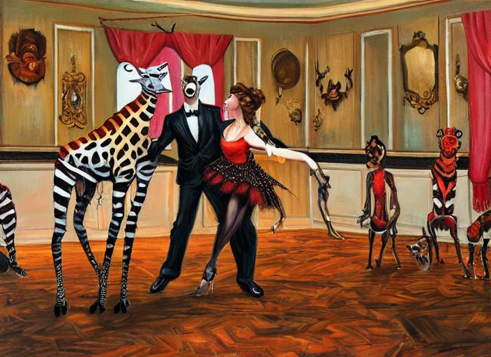 Image similar to a ballroom dance with 🦓🦒, 8 k lowbrow oil on canvas, in the style of greg simkins!