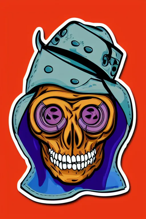 Image similar to A portrait of a skeletor that is a cowboy, sticker, colorful, illustration, highly detailed, smooth and clean vector curves, no jagged lines, vector art, smooth