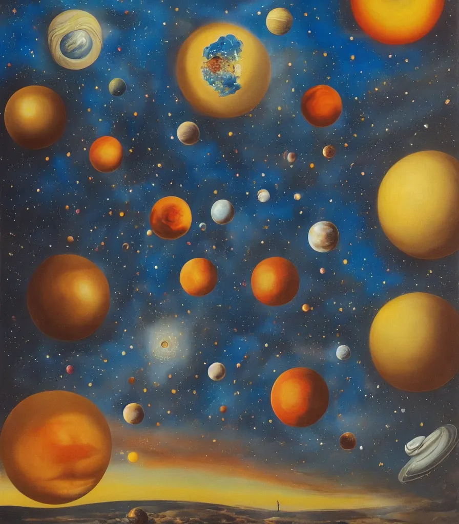 Image similar to a beautiful surrealistic painting of planets and stars in the universe by salvador dali, trending on artstation., oil painting