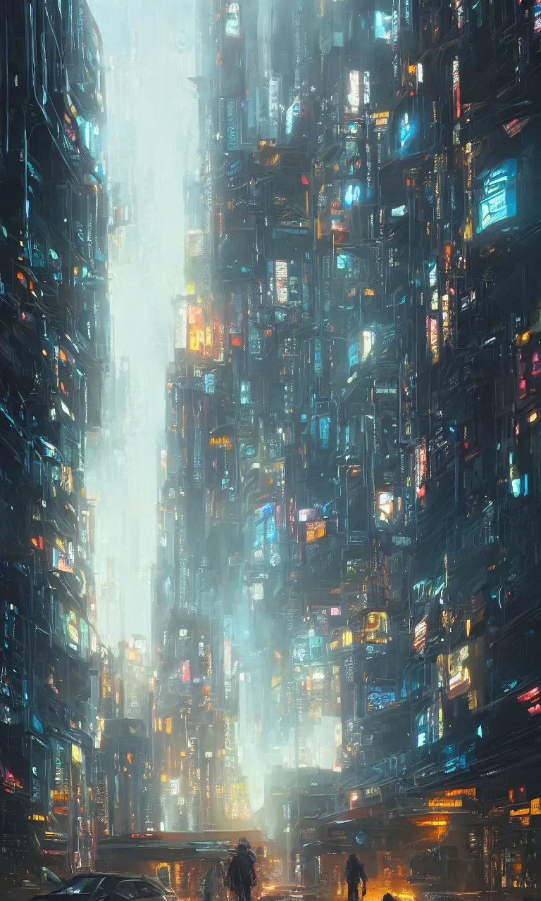 Image similar to an epic painting of the city gateway, oil on canvas, cold colors, perfect composition, golden ratio, beautiful detailed, photorealistic, digital painting, artstation, concept art, smooth, sharp focus, illustration, cyberpunk background, artstation trending, octane render, unreal engine