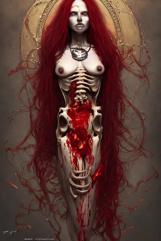 Image similar to woman skeleton covered with blood, long red hair, golden necklace, ultra realistic, concept art, intricate details, highly detailed, photorealistic, octane render, 8 k, unreal engine. art by artgerm and greg rutkowski and alphonse mucha