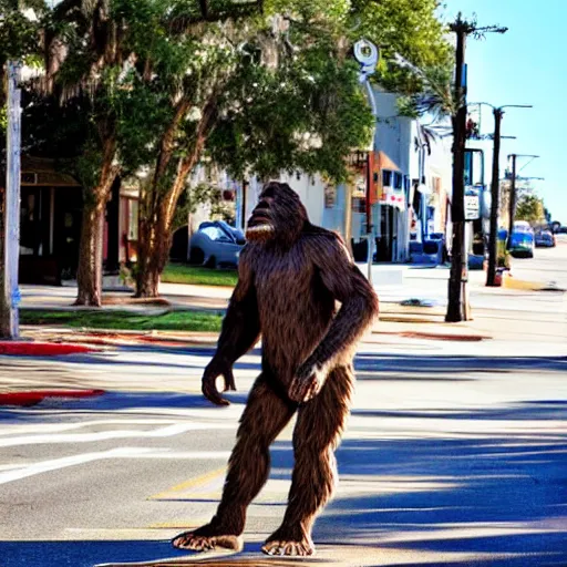 Image similar to bigfoot walking down the street in downtown Pensacola Florida