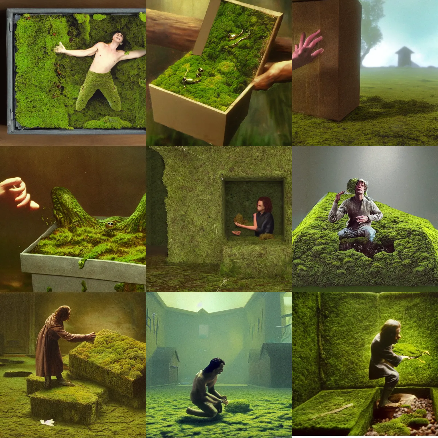 Prompt: a person reaching into a box filled with moss containing a frog, a matte painting by derek jarman, reddit, naturalism, antichrist, pre - raphaelite, playstation 5 screenshot