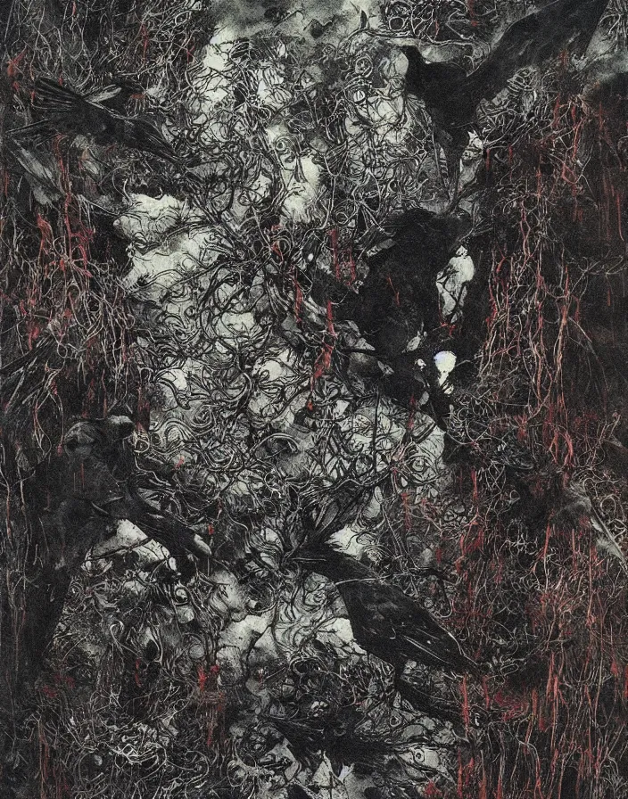 Image similar to ravens, high detailed beksinski painting, part by adrian ghenie and gerhard richter. art by takato yamamoto. masterpiece, dark and moody, deep colours