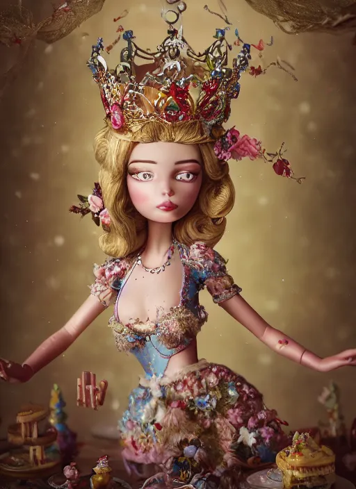 Image similar to closeup face profile portrait of a tin toy fairytale princess wearing a crown eating cakes, bikini, depth of field, zeiss lens, fashion photoshoot by nicoletta ceccoli, mark ryden, lostfish, breathtaking, detailed and intricate environment, 8 k resolution, extremely detailed, beautiful, establishing shot, artistic, hyperrealistic, octane render