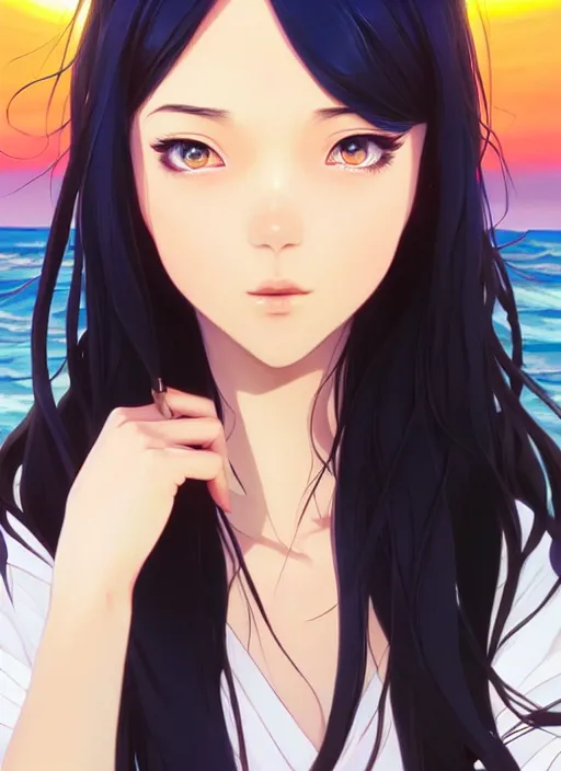 Image similar to a beautiful girl with long black hair in, island background, intricate, highly detailed, digital painting, artstation, official media, anime key visual, concept art, rich vivid colors, ambient lighting, sharp focus, illustration, art by Artgerm, Makoto Shinkai, Ilya Kuvshinov, Lois Van Baarle, and Rossdraws