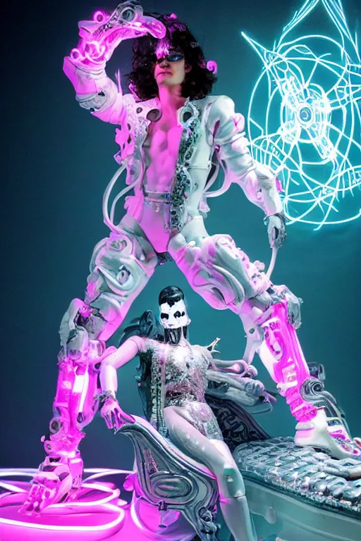 Image similar to full-body rococo and cyberpunk style neon statue of a muscular attractive Harry Styles macho dotado e rico android sim roupa reclining con las piernas abertas e la piroca dura, glowing white laser eyes, prince crown of pink gears, diamonds, swirling silver-colored silk fabric. futuristic elements. full-length view. space robots. human skulls. intricate artwork by caravaggio. Trending on artstation, octane render, cinematic lighting from the right, hyper realism, octane render, 8k, depth of field, 3D