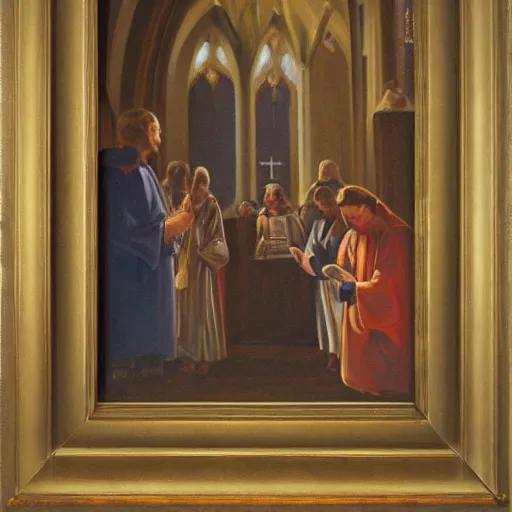 Prompt: a prayer in church, oil painting