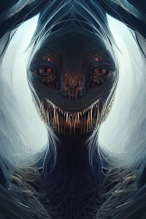 Image similar to professional concept art symmetrical portrait of a horrendous mechanical predatory fractal! species in a dark room by artgerm and greg rutkowski. an intricate, elegant, highly detailed digital painting, concept art, smooth, sharp focus, illustration, in the style of cam sykes.