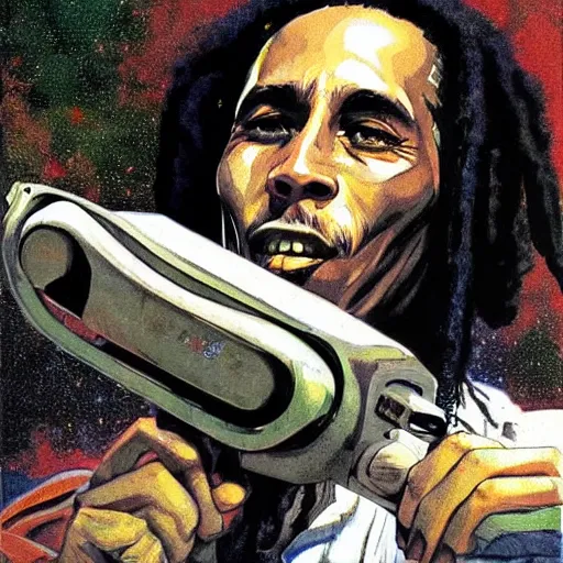 Prompt: scifi Bob Marley by Robert McGinnis, pulp comic style, circa 1958, photorealism