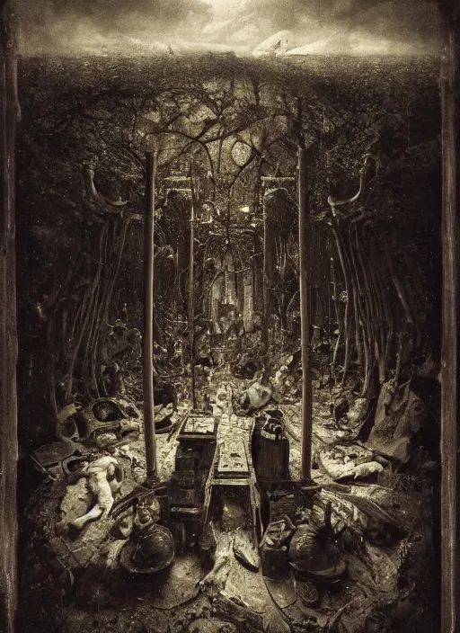 Image similar to old wetplate daguerreotype birth of civilization in times of eternal summoning, fractal, intricate, elegant, highly detailed, parallax, leica, medium format, subsurface scattering, by jheronimus bosch and greg rutkowski and louis jacques mande daguerre