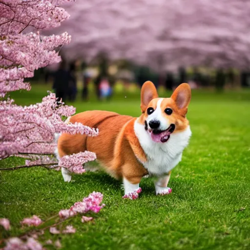 Image similar to A photo of Corgi in front of a row of cherry blossom trees