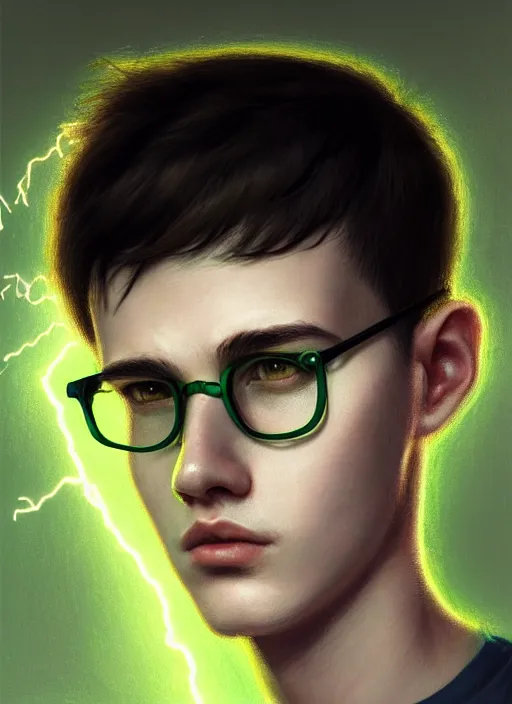 Prompt: portrait of 1 7 - year - old boy thin face, black hair, green eyes, round glasses, scar on forehead as a bolt of lightning, intricate, elegant, glowing lights, highly detailed, digital painting, artstation, concept art, smooth, sharp focus, illustration, art by wlop, and greg rutkowski