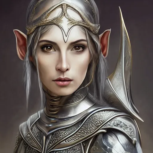 Prompt: portrait of a beautiful young elven warrior, fantasy, silver armour, gold outlines, black hair, facial features, trending on artstation, gsociety, D&D, elegant, highly detailed!!!, digital painting, smooth, sharp focus!!!, upper body, intricate, symmetrical facial features, realistic face!!!!! by greg rutkowski, Alphonse Mucha, Ayami Kojima, Charlie Bowater, Karol Bak, Greg Hildebrandt
