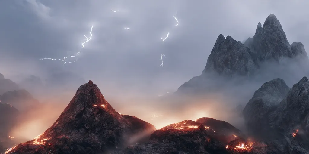 Image similar to mount olympus, fog, amazing lightning art, fog, octane render, ray tracing, realistic fire sharp focus, long shot, 8 k resolution, cinematic