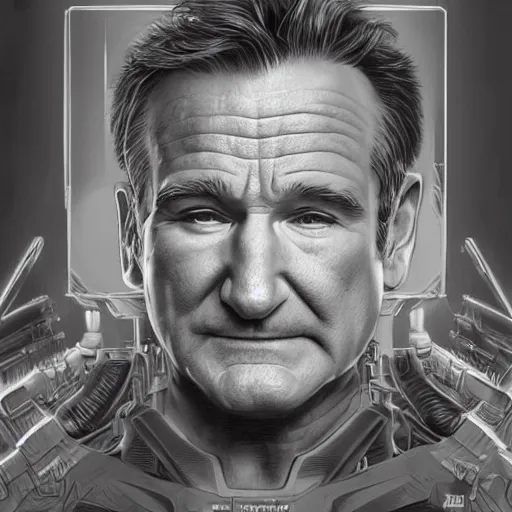 Image similar to Very very very very highly detailed epic photo of Robin Williams, intricate, dystopian, sci-fi, extremely detailed, digital painting, artstation, concept art, smooth, sharp focus, illustration, intimidating lighting, incredible art by Artgerm and Vincent di Fate