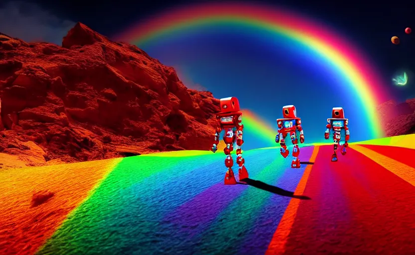 Image similar to crowd of humans and robots running from earth to mars on a rainbow bridge, ultra hd, neon colors