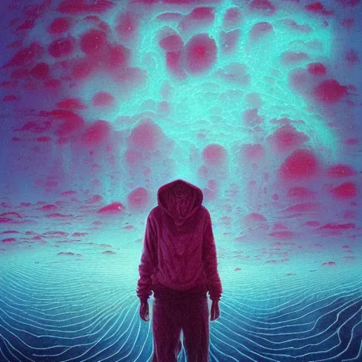 Image similar to figurative Malcom X portrait inspired in beksinski and dan mumford work, remixed with Simon Stalenhag work, sitting on the cosmic cloudscape, epic color palette, blue neon rain, cinematic shoot