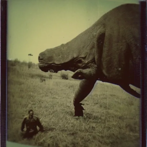 Image similar to old polaroid photo of an old man hunter standing proudly next to a triceratops corpse