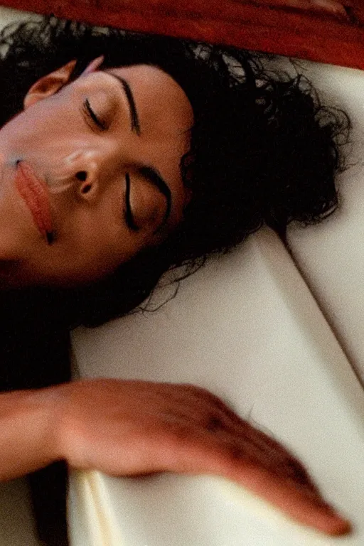 Prompt: film still of michael jackson asleep within a coffin, portrait, 4k