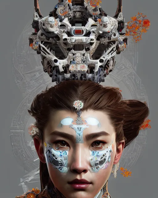 Image similar to portrait of a machine from horizon zero dawn, machine face, upper body, decorated with opera motifs, traditional chinese art, intricate, elegant, highly detailed, digital painting, artstation, concept art, smooth, sharp focus, illustration, art by artgerm and greg rutkowski and alphonse mucha, 8 k