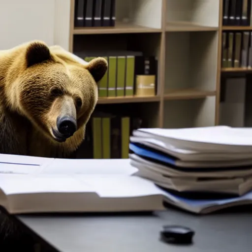 Prompt: bored bear at office, head leaning on paw with elbow on table, piles of paperwork