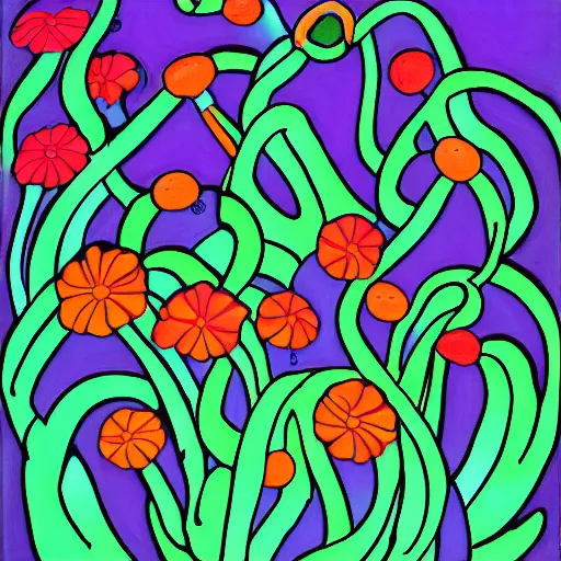 Image similar to neon, overcast balmy by jim woodring. a land art of a group of anemones in a vase