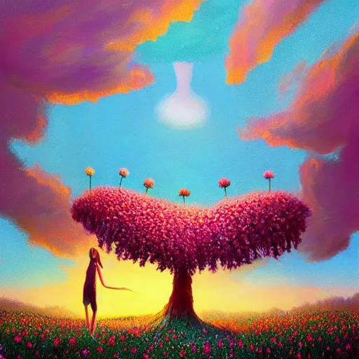 Prompt: girl with surreal exploding flower head, standing in flower field, big trees, sunrise dramatic light, impressionist painting, colorful clouds, digital painting, pointillism, artstation, simon stalenhag