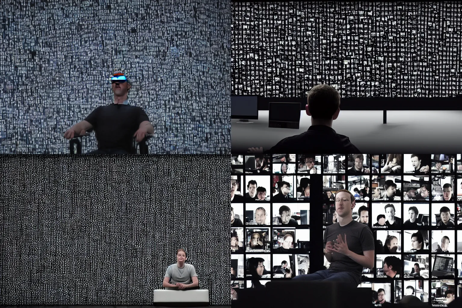 Prompt: zoomed out film shot of Mark Zuckerberg sitting back in his chair, in front of a wall of screens in a black void, menacingly monitoring everyone, dark and only cinematically lit by the computer screens, 8k
