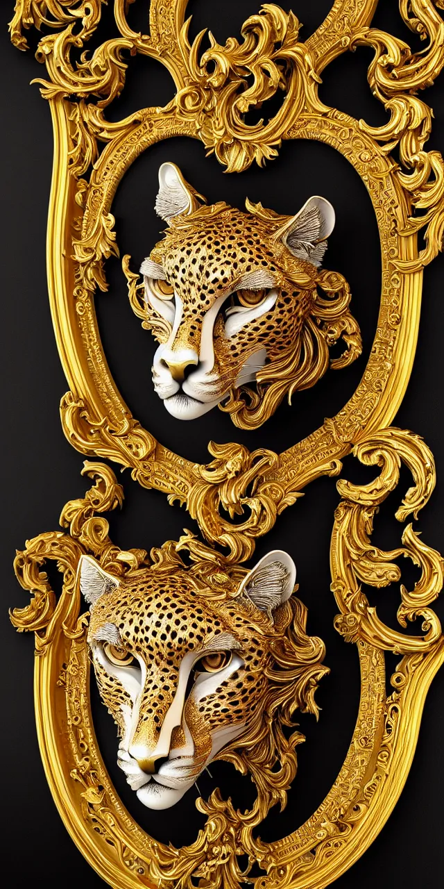 Prompt: beautiful portrait of a large ornate and intricate rococo cheetah face, symmetric, carved marble with gold accents, 3 d, photorealistic, front facing, centered, hyper detailed, gold plated on black background, wallpaper, detailed and intricate emblem, baroque medallion,