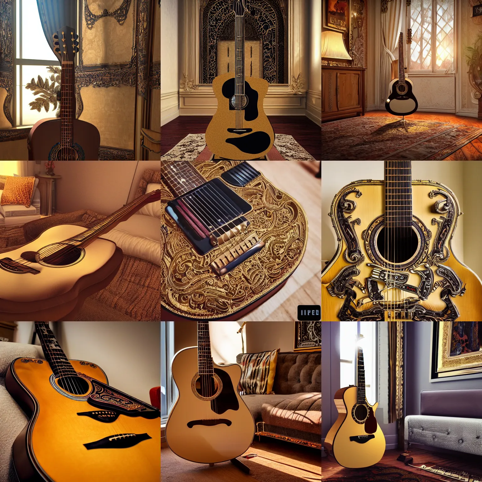 Prompt: Guitar in a livingroom,light during golden hour, 8K, Ray Tracing Reflections, insanely detailed and intricate, hypermaximalist, elegant, ornate, hyper realistic, super detailed