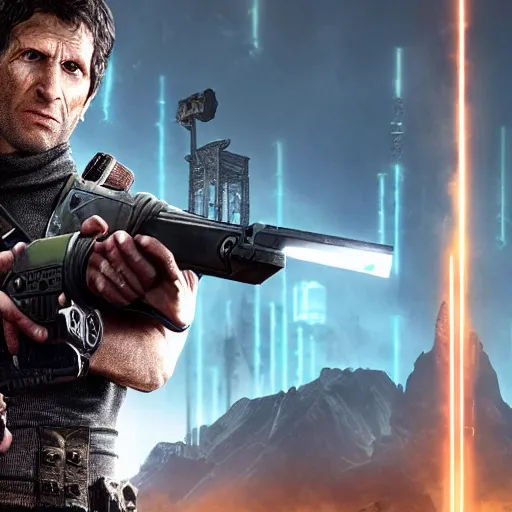 Prompt: todd howard pointing a gun towards the camera and forcing you to buy skyrim, threatening, sharp, cinematic, colorful, digital, neon, bright, cyberpunk, blade runner 2 0 4 9, realism, bold