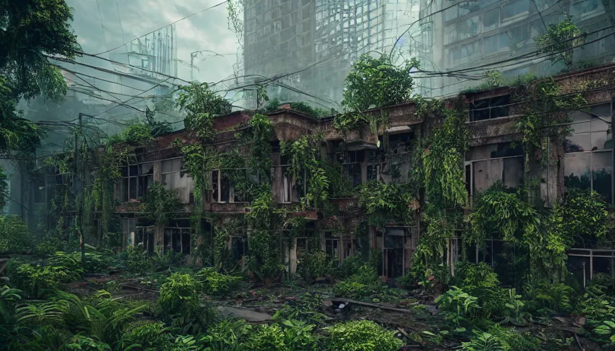 Image similar to Abandoned Building Overgrown by beautiful plants, Dystopian Slum, Hyperrealism, Hyperdetailed, Intricate Details, Anamorphic Lens, Cinematic Lighting, Volumetric Lights, Raytracing Reflections, Unreal Engine 5