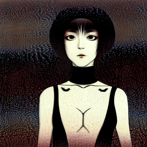 Image similar to yoshitaka amano blurred and dreamy minimalistic three quarter angle portrait of a young woman with black lipstick and black eyes wearing dress suit with tie looking up and to the side, junji ito abstract patterns in the background, satoshi kon anime, noisy film grain effect, highly detailed, renaissance oil painting, weird portrait angle, blurred lost edges