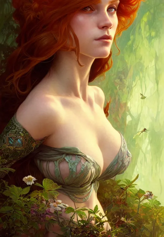 Prompt: portrait of fairy woman, d & d, green eyes, ginger hair, face, fantasy, intricate, elegant, highly detailed, digital painting, artstation, concept art, smooth, sharp focus, illustration, art by artgerm and greg rutkowski and alphonse mucha