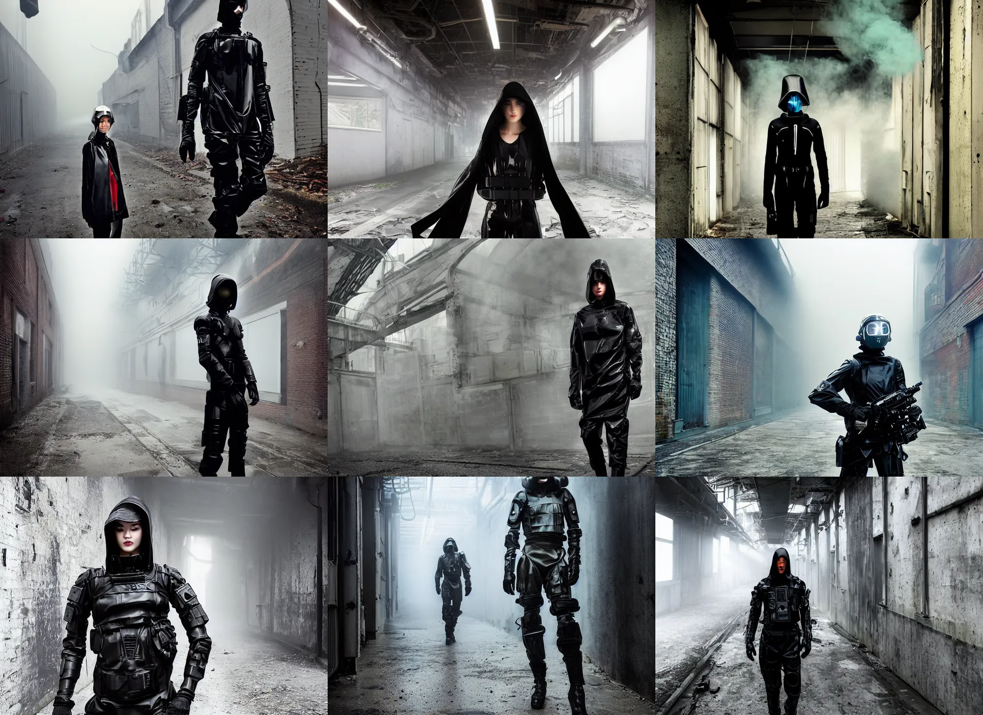 Prompt: beautiful fashion model with white sci - fi tactical gear, black leather garment, hologram sci - fi hood, full shot fashion photography, foggy alleyway, abandoned factory, battle ready, acid color smoke, by irving penn and storm thorgerson, ren heng, peter elson