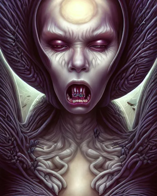 Image similar to death is swallowed up in victory, very detailed and beautiful womans face, screaming with fear, artwork by artgerm, centered shot, wide angle, full body, elfpunk, artwork by naoto hattori, landscape art by john howe