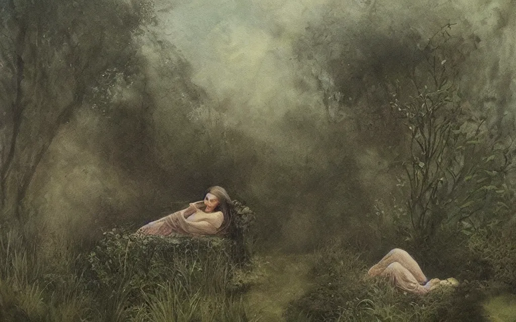 Image similar to the sleeping old goddess in shadow and mist overgrown garden (melancholy) (dreamy), exquisite painting, moody sharp colors