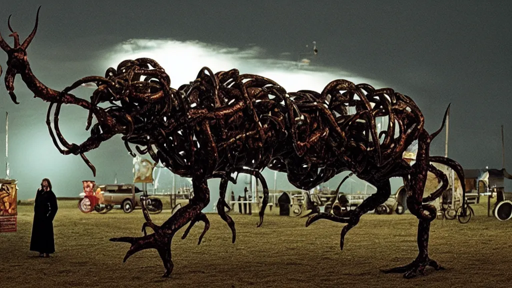 Image similar to the strange creature at the county fair that hid at night, made of metal, film still from the movie directed by Denis Villeneuve with art direction by Salvador Dalí, long lens