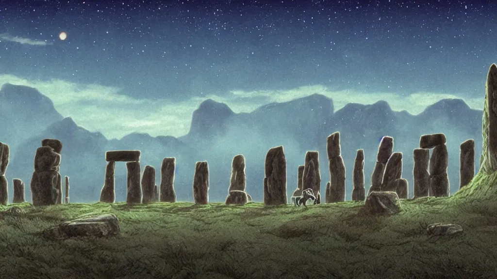 Prompt: a cell shaded cartoon movie still from princess mononoke ( 1 9 9 7 ) showing a golden ufo over stonehenge. in the background is machu pichu on a misty and starry night. very dull muted colors, hd, 4 k, hq