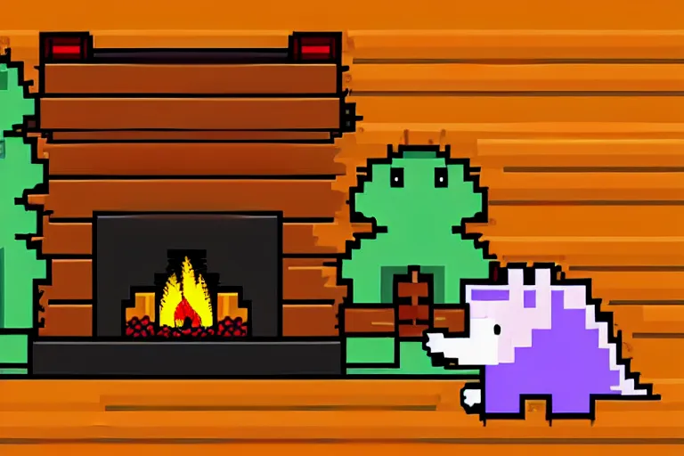 Image similar to two hedgehogs hugging in front of a fireplace, pixel art, log cabin