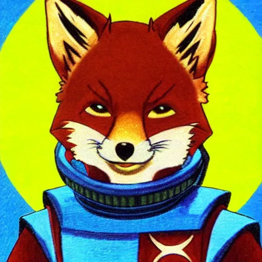 Image similar to 1 9 8 0 s video game art of anthropomorphic fox mccloud from starfox fursona furry fox in a space cadet uniform, looking heroic high quality colored pencil