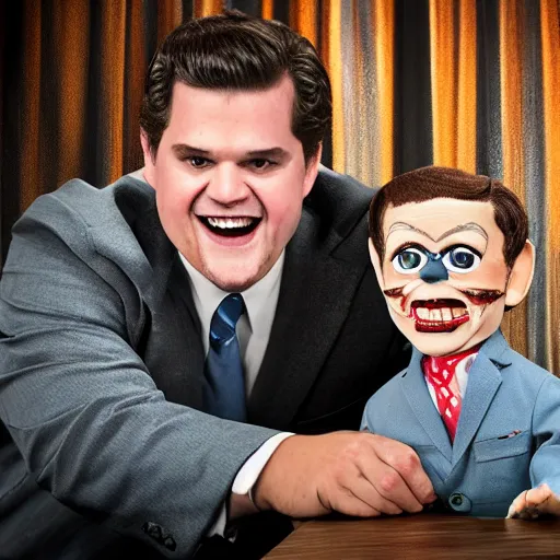 Prompt: photo still of matt gaetz as a creepy ventriloquist puppet from old horror movie, octane render, 8 k,