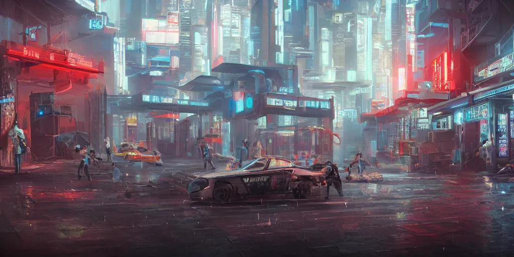 Image similar to a cyberpunk bank heist, background scene from the old city of babylon, concept art, ultra realistic, 8 k, painting, highly detailed, sci - ci, neon, rain, guns, firearms, robbery, a police car burning