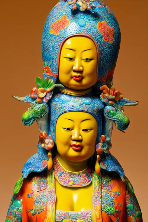 Image similar to an polished texturized sculpture of Curupira in vivid colored chinese porcelain by kris kuksi