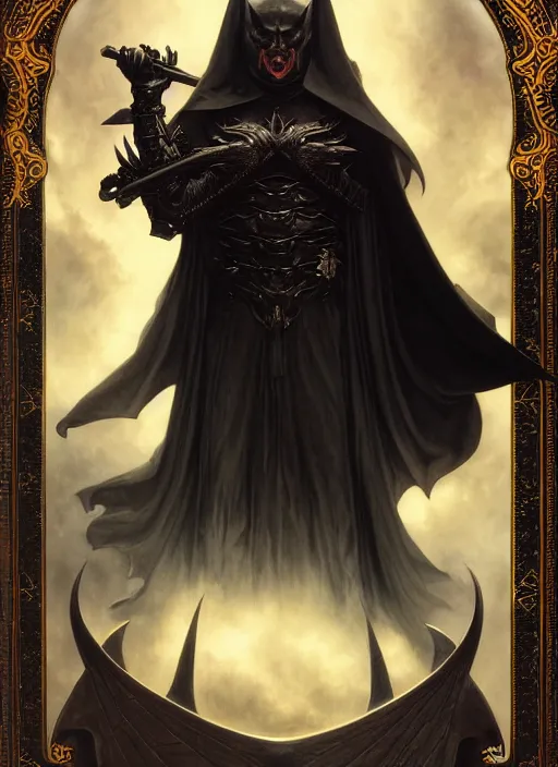 Image similar to majestic satanic bat wing black armored evil man movie poster, art style by edmund leighton, tom bagshaw, alphonse mucha, exquisite digital art, haunting, masterpiece, organic painting, photorealistic, ornate and hyper detailed