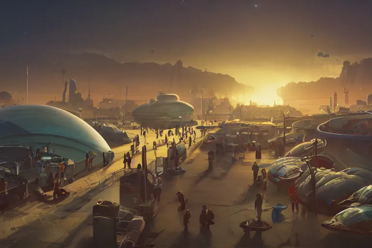 Image similar to crowded exoplanet fish market, big fishes on sale, ringed planet in the sky, dramatic lighting, artstation, matte painting, ralph mcquarrie, simon stalenhag